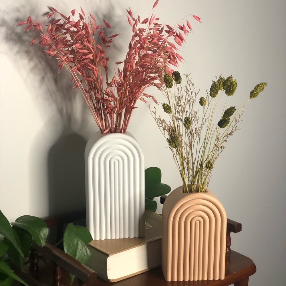 Set of 2 Modern 3D Printed Arch Vases with Dried Florals